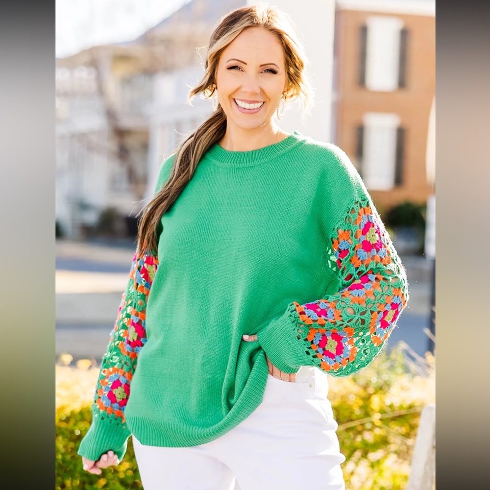 Kelly Green Sweater with Colorful Crochet Sleeves